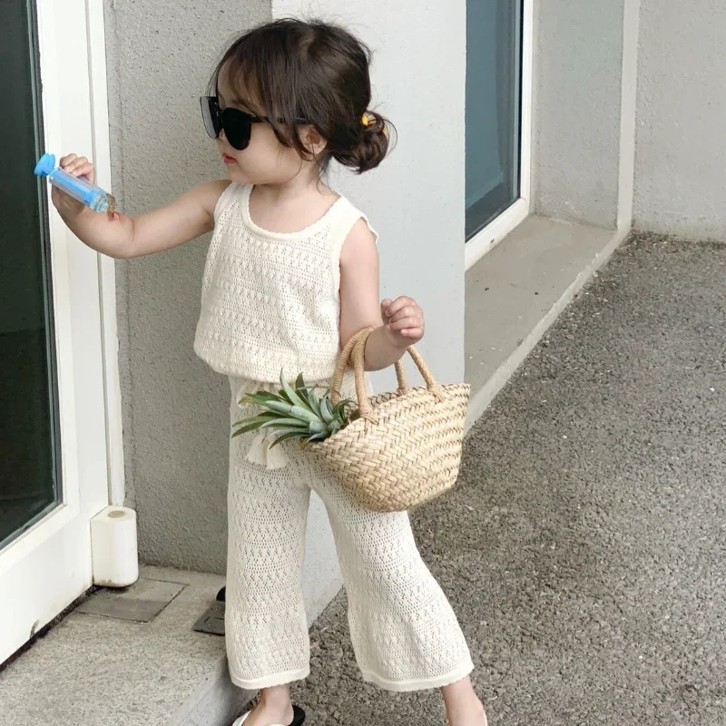 Baby Girl Clothing Zara - 女の子の服セット 2024 夏韓国薄いニットガールセット子供中空通気性ベスト + ワイドレッグパンツツーピーススーツ