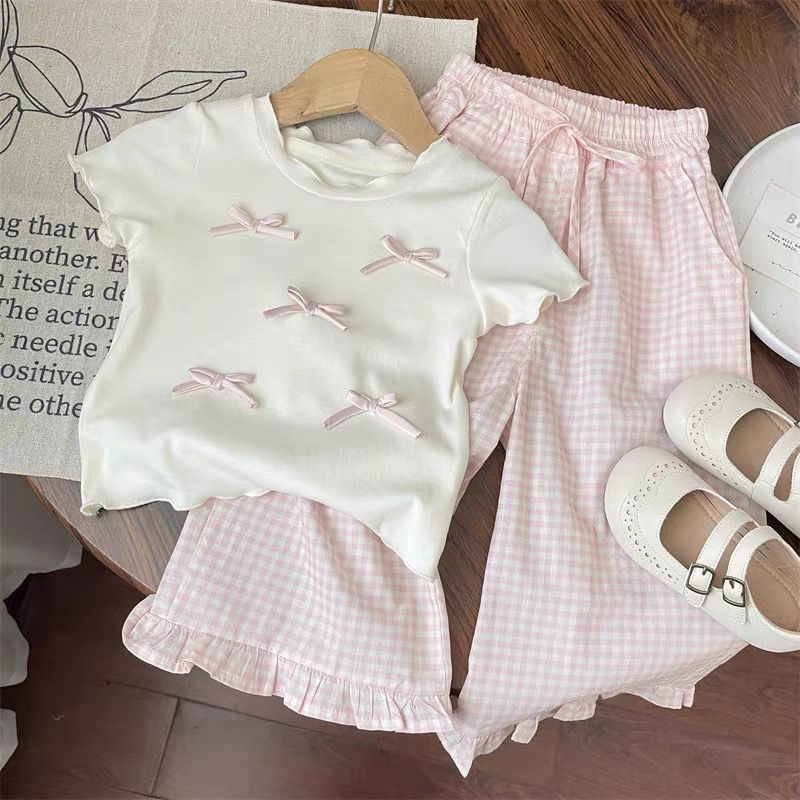 Baby Girl Clothing Zara - 子供服セット リボン半袖トップ + チェック柄ワイドレッグパンツ 2 本セット子供服女の子幼児女の子服