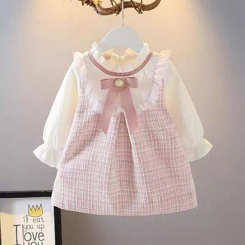 Baby Girl Clothing Zara - 女の子長袖スカートかわいいルーズドレスアウター春の新韓国スタイルの服子供カジュアルファッションラウンドネックリボンスカート