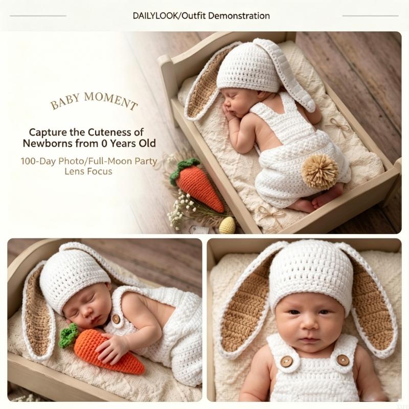 Baby Clothing Newborn - かぎ針編みニット新生児写真撮影小道具服ウサギテーマベビーロンパース帽子付き0-3ヶ月用ベビースタジオ写真撮影用