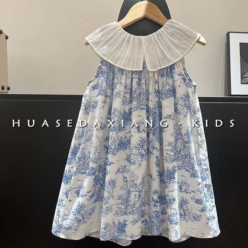 Baby Girl Clothing Zara - 女の子用ワンピース レトロ蓮の葉襟水墨画タンクトップスカート 花柄ベビーガールドレス 1歳 2歳 4歳