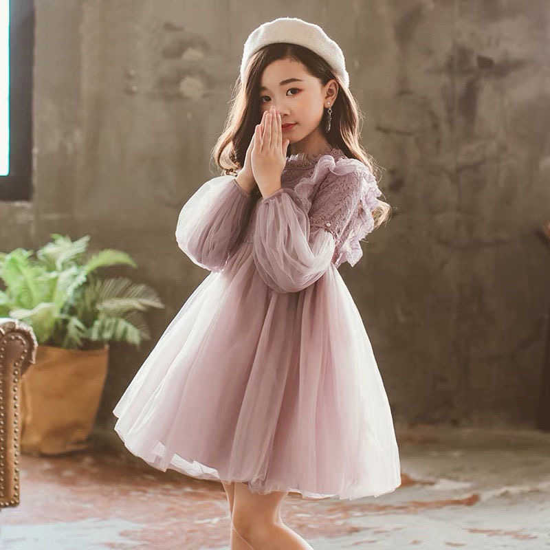 Baby Girl Clothing Zara - 春秋キッズガールズドレスランタンスリーブレースプリンセスドレスパール甘い O ネックメッシュパーティー子供服 Vestidos