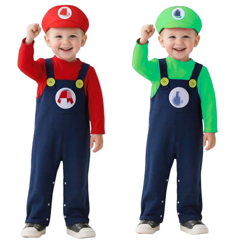 Baby Clothing Newborn - ベビー配管工コスチューム赤緑アニメゲーム配管工ボディスーツホリデーパーティーコスチュームボタン制服秋/冬純綿ボディスーツ