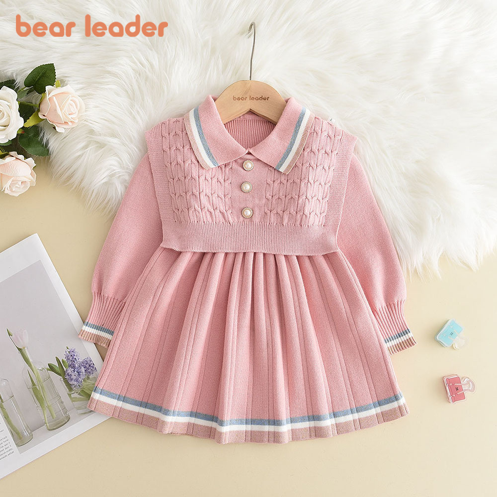 Baby Girl Clothing Zara - リーダーベアパールボタンラペルニットスカート女の子用、子供服、キッズドレス、トリコロールストライプ、大学スタイル、冬