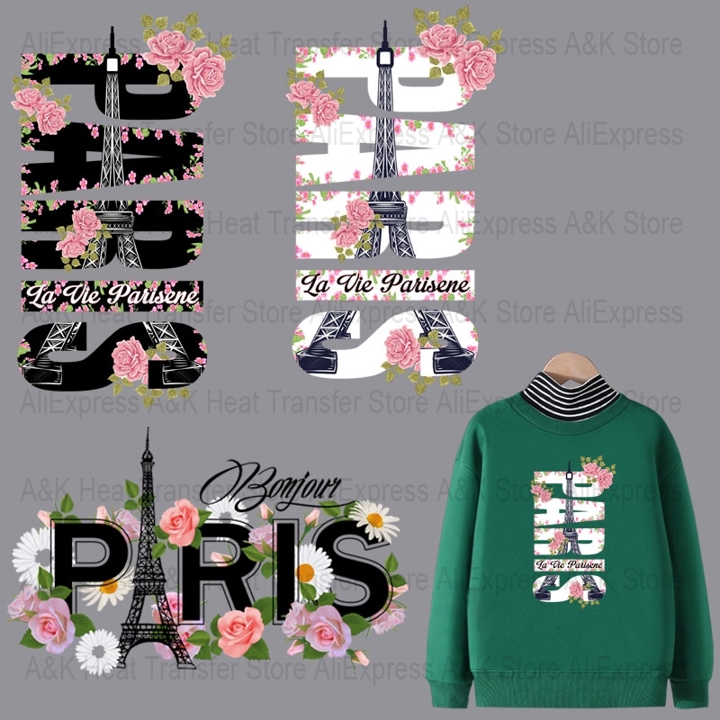 Baby Clothing Paris - パリ文字アイロン転写シール（衣類用）、ベビー服用花柄パッチ、DIYウォッシャブルTシャツ、フーディー用サーモステッカーアップリケ