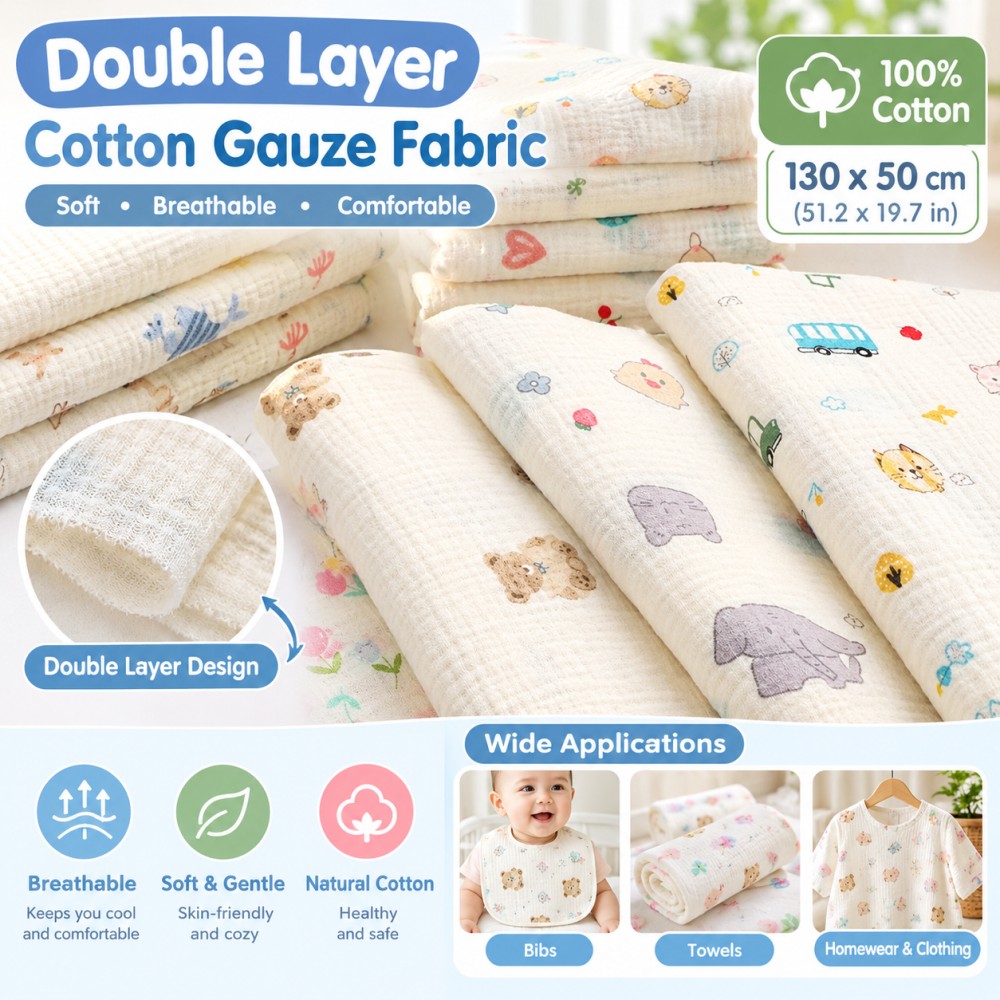 130cm×50cmの綿製二重ガーゼ生地。かわいらしい漫画柄 - Baby Clothing Newborn のレビューと価格
