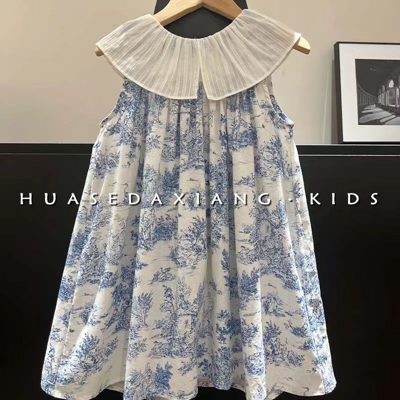 女の子用ワンピース レトロ蓮の葉襟水墨画タンクトップスカート - Baby Girl Clothing Zara のレビューと価格