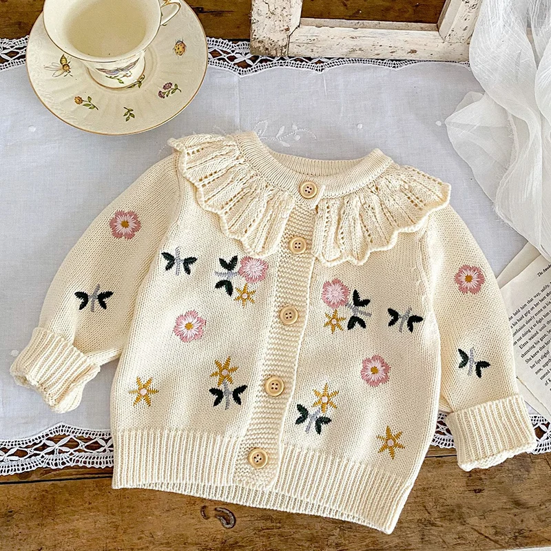 秋のカーディガン多用途ガールベビー子供花刺繍蓮の葉の襟ニット - Baby Girl Clothing Zara のレビューと価格